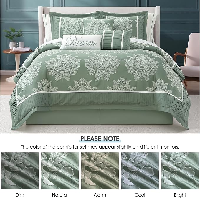 Sage Queen Comforter Set, 15 Pieces, Damask Jacquard Woven, Bedding Set with Sheets, Room in a Bag, Comforter, Bed Skirt, Pillow Shams and Decor Pillows, Curtains