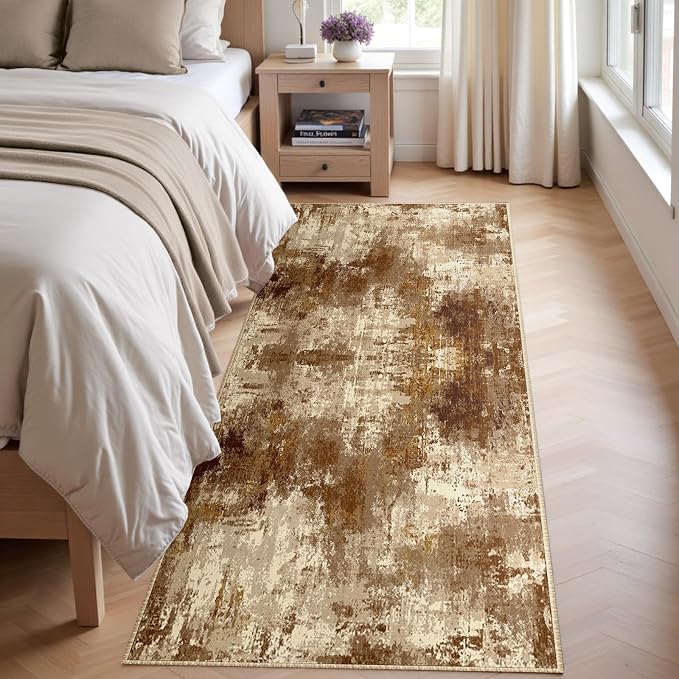 RELEANY Washable Runner 2'x6' Abstract Area Rug for Hallway Brown Tan | Carpet for Kitchen, Entryway, Bathroom, Living Room, Bedroom, Printed Pattern, Non‑Slip, Soft, Stain‑Resistant, Easy to Clean
