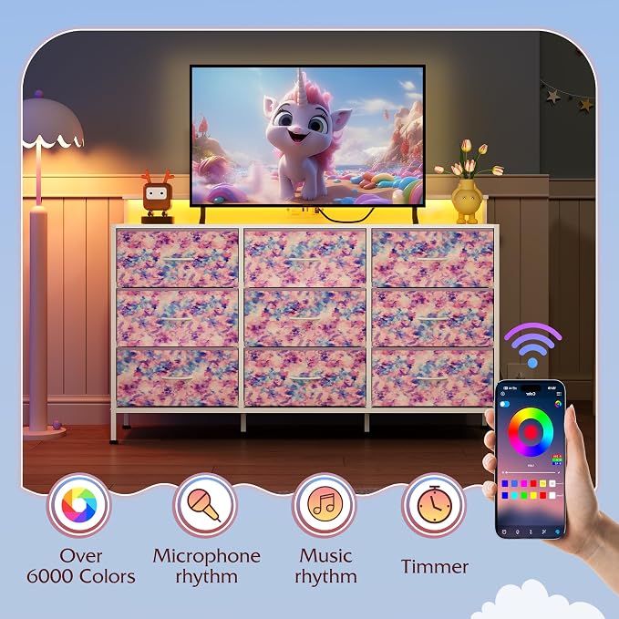 WLIVE Dresser TV Stand 9 Drawers, Fabric Chest LED Lights, Tie-dye | 9-drawer dresser TV stand fits 55in TV with RGB LED lights and charging station, fabric media console for living room