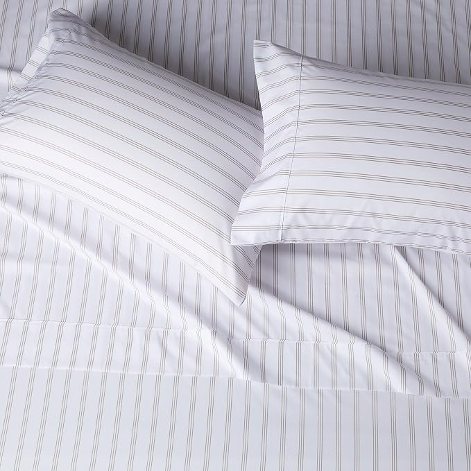 Amazon Basics Lightweight Breathable Brushed Microfiber 4-Piece Bed Sheet Set, Wrinkle Resistant with 14-Inch Deep Pockets, Queen, Taupe Stripe