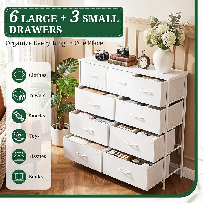 9-Drawer Dresser for Bedroom, Anti-Tip Tall Storage Organizer | Chest of Drawers with Wooden Top and Metal Frame Fabric Bins for Closet, Living Room, Hallway, Entryway, Ivory White