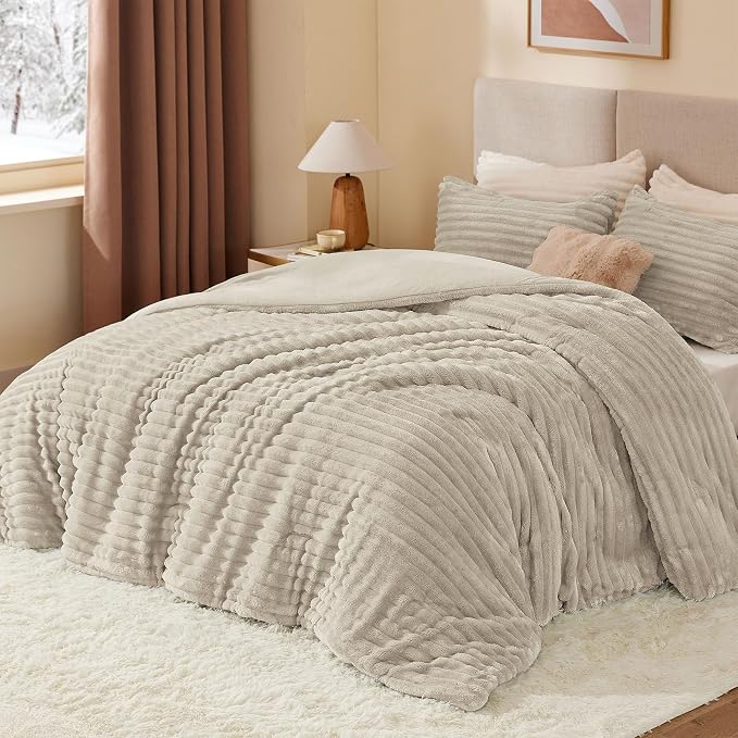 BEDELITE Fleece King Comforter Set, Fluffy Bed Set, Linen | Super Soft & Warm Bedding, Luxury Fuzzy Faux Fur Comforter for Winter, Heavy Plush Bedding, with 2 Pillowcases
