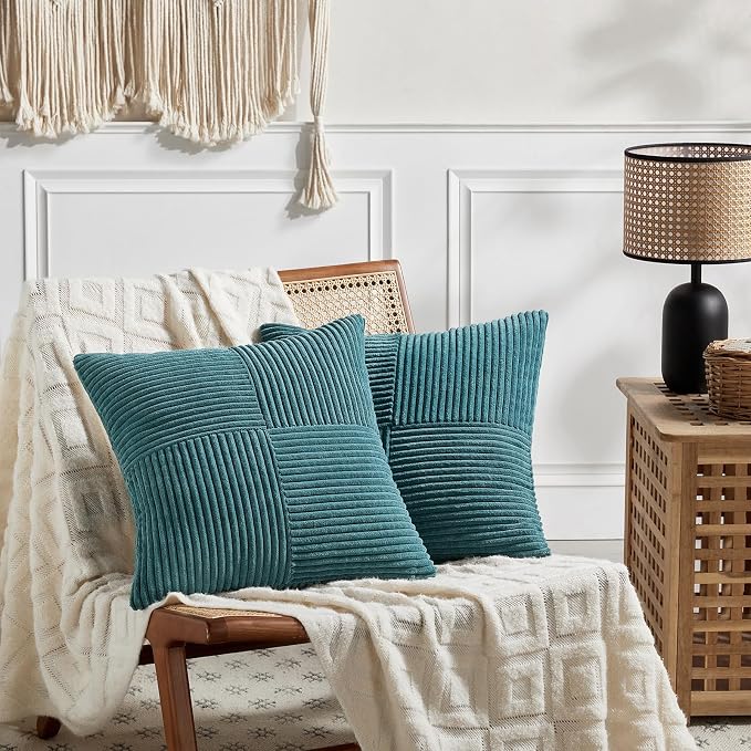Fancy Homi 2 Packs Teal Decorative Throw Pillow Covers 20x20 Inch for Living Room Couch Bed Sofa, Rustic Farmhouse Boho Home Decor, Soft Corss Corduroy Patchwork Accent Square Cushion Case 50x50 cm