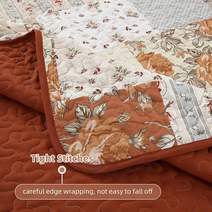 Floral Patchwork Quilt Set King Size, Terracotta Fall Bedspread Coverlet | Autumn Farmhouse Plaid Bedding Set 3 Pcs, Soft Lightweight Bed Cover for All Season, 110''x90''