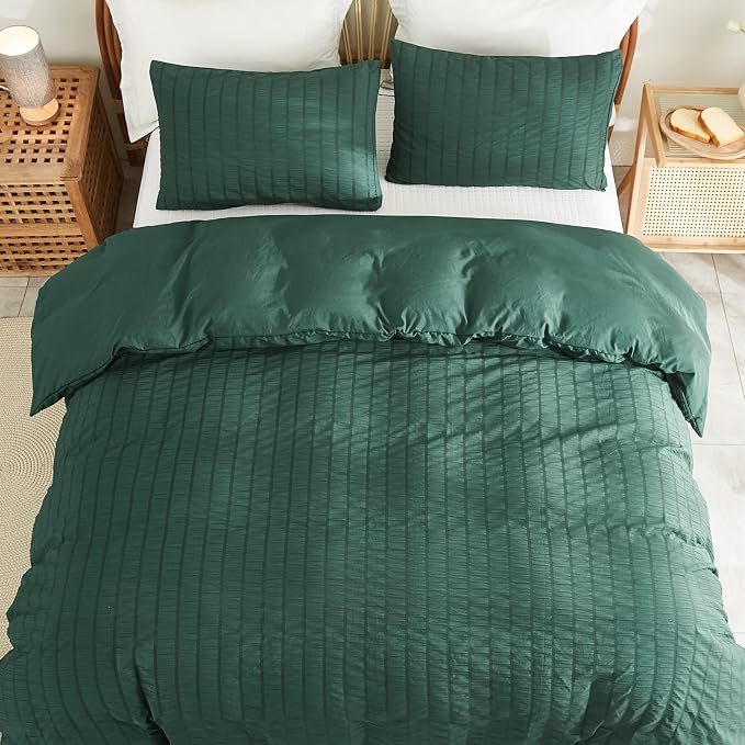 AveLom Dark Green Seersucker Duvet Cover Set Full Size (80 x 90 inches), 3 Pieces (1 Duvet Cover + 2 Pillow Cases), Ultra Soft Washed Microfiber, Textured Duvet Cover with Zipper Closure, Corner Ties