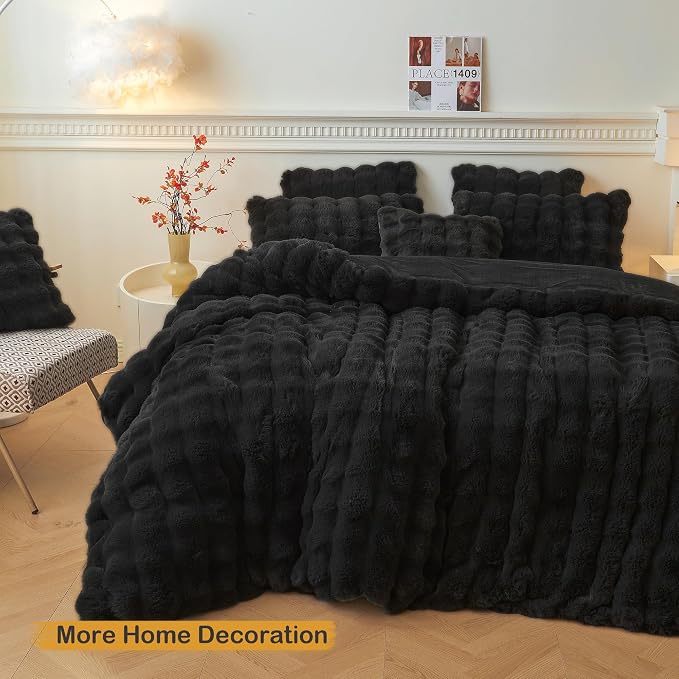 LIFEREVO Fluffy Faux Rabbit Fur Body Pillow Cover 20"x54", Black | Luxury Bubble Waffle Plush Bed Pillowcase with Hidden Zipper, Washable Fuzzy Long Pillow Case for Adults Kids Girls Teens