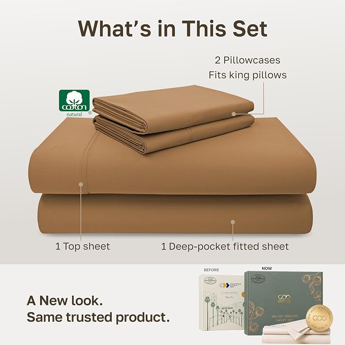 California Design Den Luxury 600 Thread Count Cotton Bed Sheets King, 4 Pcs | 100% Cotton Sateen Backed by Good Housekeeping Seal, Soft & Smooth, 16" Deep Pocket Set, All-Around Elastic - Honey Caramel