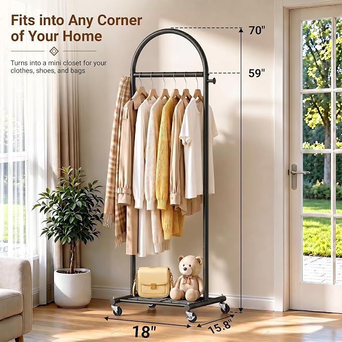 MISSLO 18" Small Clothes Racks for Hanging Clothes Arched Shape Black Clothing Rack with Wheels 70" Metal Rolling Garment Rack with Shelves for Small Space, Bedroom, Laundry, Black