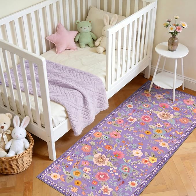 Floral Washable 2x5 Area Rugs Runner Entryway Hallway Purple/Pink | Flower Carpet, Print, Boho, Non-Slip, Easy to Clean, Low Pile, Soft, for Living Room Bedroom Kitchen Office Entrance