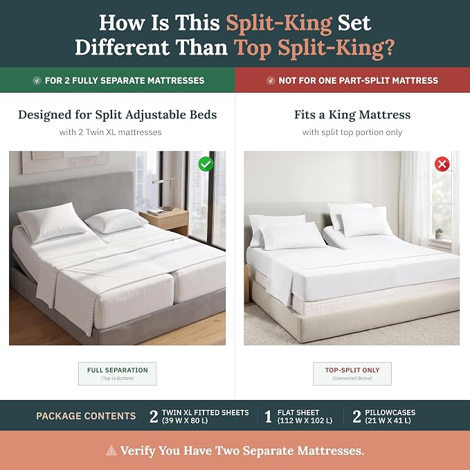 California Design Den 100% Cotton Sateen Split King Sheets Set, 5 Pcs | 500 Thread Count with Good Housekeeping Seal, Split King Sheets Sets for Adjustable Bed with 2 Separate Twin-XL Mattresses