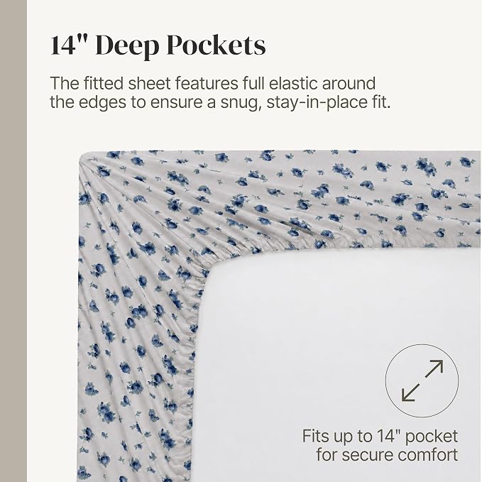 Modern Threads 3-Piece Ultra Soft Microfiber Bed Sheets Set, Wrinkle Free Sheets with Deep Pockets Fitted Sheet, Flat Sheet & Pillowcases, Lightweight Breathable Bedding, Blue Roses, Twin