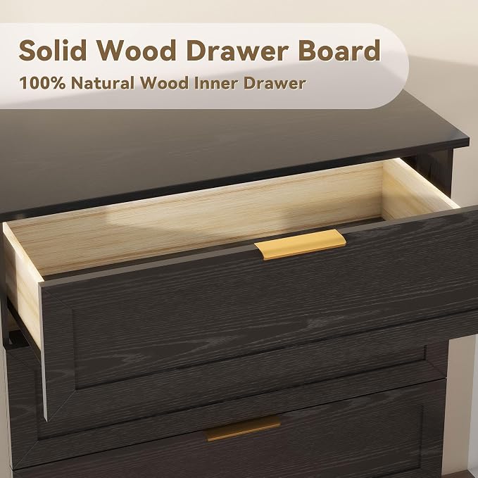 FTZxHKLX Modern Wide Wooden Chest of Drawers, Dresser for Closet, Black | Deep Drawer Dresser with Rose Gold Handles, Small Nursery Dresser with Anti-Tip Design for Living Room, Children's Room