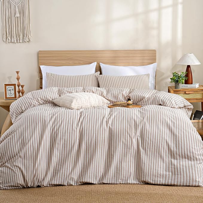 TOCOMOA Brown Striped Duvet Cover Set 100% Washed Cotton Like Linen, King | Linen-Like Feel Soft, Breathable & Comfy for All Season. Lightweight Bedding Set with Zipper & 8 Ties. 3 Pcs, No Insert