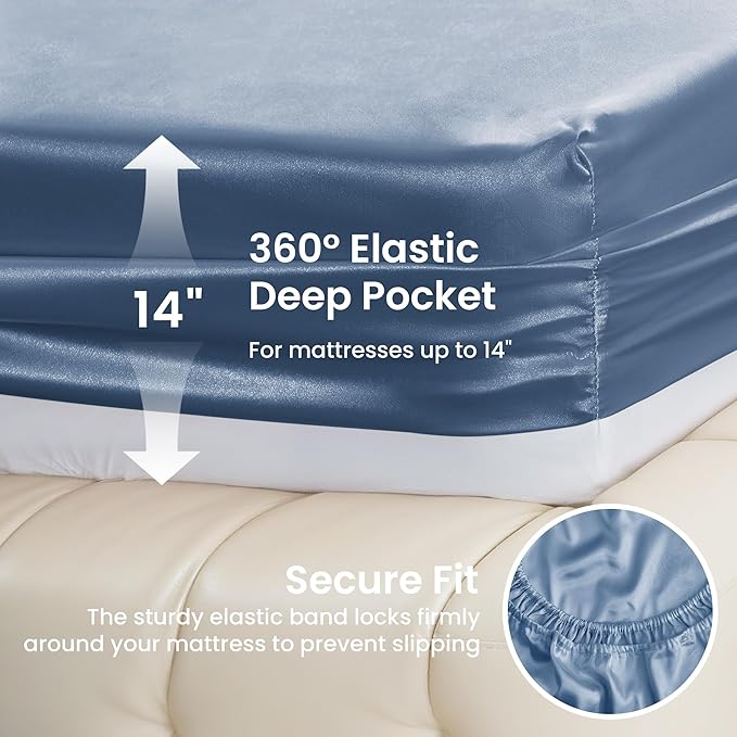 Love's cabin Full Size Satin Sheet Sets - 4 Piece Ash Blue Silky Sheet Set Full with Deep Pocket, Luxury Silk Feel Bed Sheets Full Bedding Set (1 Flat Sheet,1 Fitted Sheet,2 Pillow Cases)