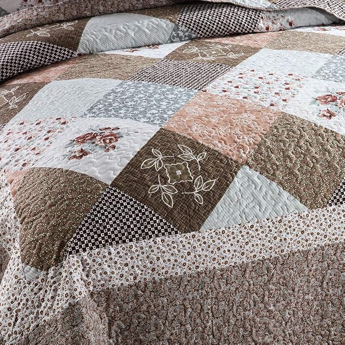 Quilt Bedspread Sets-Checkered Floral Reversible Coverlet Set,Queen Size