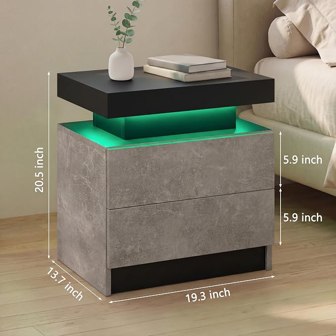 i-aplus LED Nightstand with Wood 2 Drawers Modern Bedside Table for Bedroom | Nightstands with App-Controlled RGB LED Lights, Night Stand with Storgae Drawer, Modern Bedside Table for Bedroom