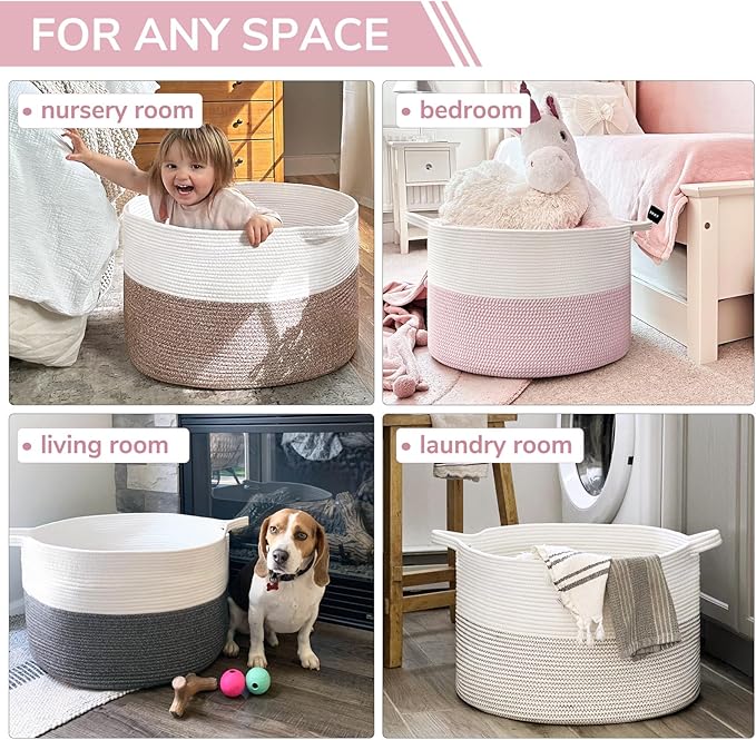 INDRESSME XXXLarge Woven Rope Blanket Basket Living Room Pink, 90L | Pink room decor woven rope basket for stuffed animal storage, toys & pillows. For girls room & nursery, soft-touch, kid-safe