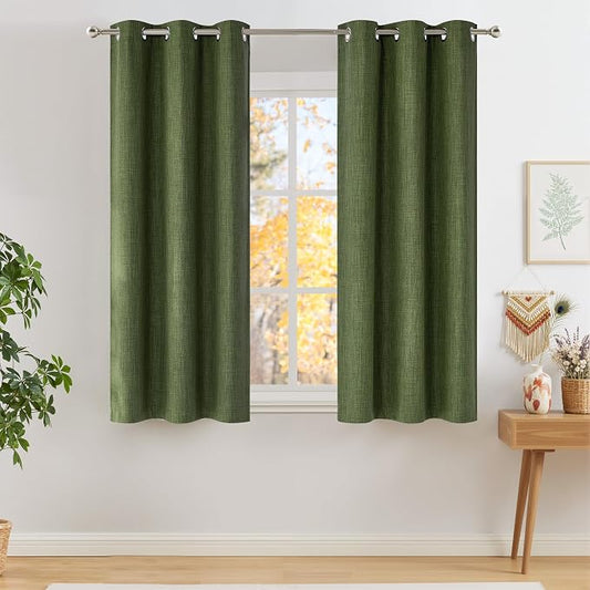 NICETOWN Short Faux Linen Froest Green Blackout Curtains 63 inches Long | For Kitchen, Privacy, For Living Room, Farmhouse Style, Easy Care, Grommet Top, 2 Panels, W42 by L63