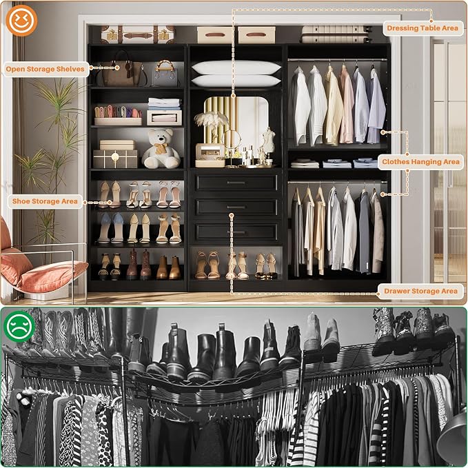 Unikito 75" Modular Closet System with 3 Sets, Mirror & Drawers, Black | Hanging Rods & Adjustable Shelves, Freestanding Wood Wardrobe Garment Rack, Walk in Tower Clothes Storage Organizer Unit