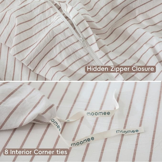 MooMee Striped Duvet Cover Set 100% Washed Cotton Linen Like King | Relaxed Linen-like Texture. Soft, Breathable & Long-lasting Comfort. Lightweight. Hidden Zipper with 8 Interior Corner Ties