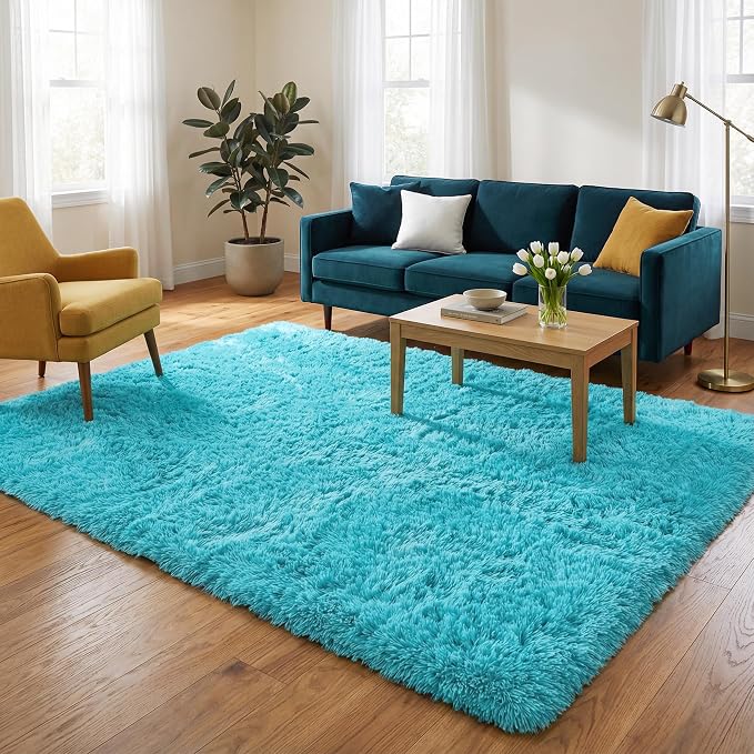 Modern Soft Fluffy Blue Shaggy Rug for Livingroom Bedroom Dorm Kids Room Indoor Home Decorative, Non-Slip Plush Furry Fur Area Rugs Comfy Nursery Accent Floor Carpet 5x8 Feet, Teal