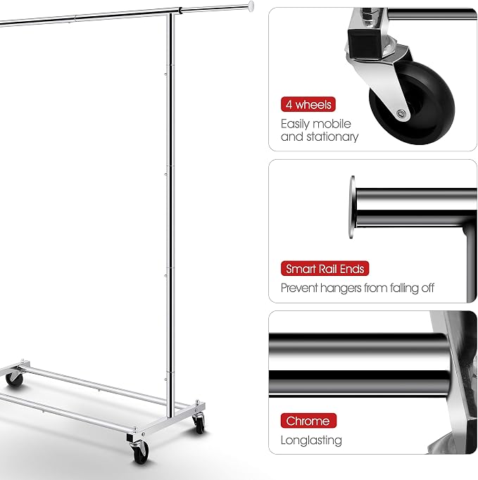 Simple Trending Clothing Garment Rack, Extendable Clothes Organizer, Chrome | Clothes Rack with Bottom Storage Shelf, 360° Wheels, Waterproof and Rust-resistant, Multiple Uses, Bedroom, Laundry Room