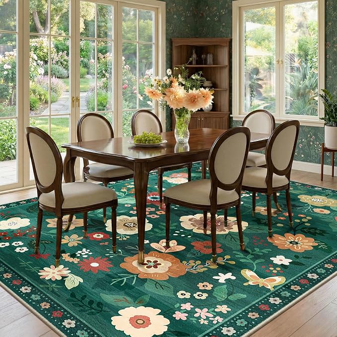 RELEANY Floral Washable 9x12 Area Rugs DarkGreen | Flower Carpet, Print, Boho, Non-Slip, Easy to Clean, Soft, Low Pile for Living Room Bedroom Kitchen Office Entryway Hallway