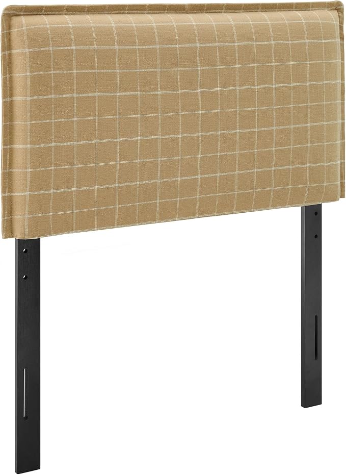 Modway Camille Twin Size Checkered Linen Blend Plaid Headboard with Removable Slipcover – in Denim Windowpane Check - Padded Pillow Style Headboard with Adjustable Mounting for Twin Beds