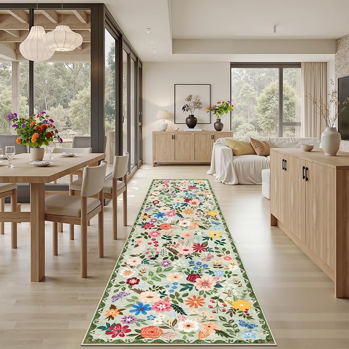 PLHXFR 2.6x10 Washable Runner Rug：Floral Indoor Kitchen Soft Carpet Green | For Hallway Bedroom Kitchen Laundry Bathroom Dorm,Vintage Floral,Machine washable,Non Slip,Stain Resistant,Indoor Floor