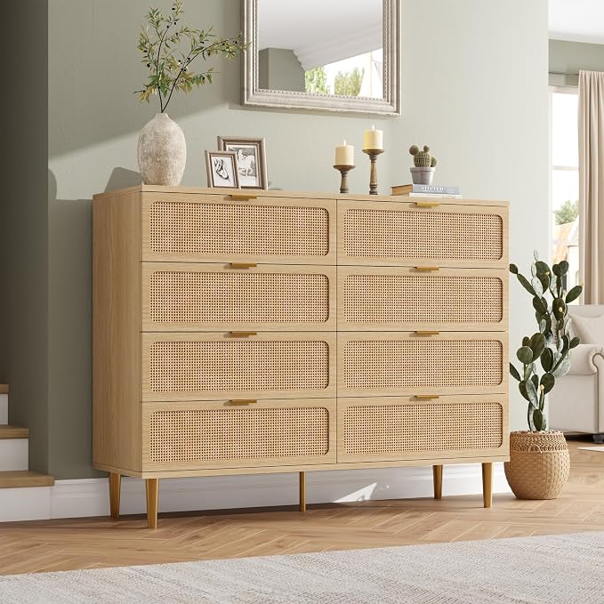 GarveeHome Rattan 8 Drawer Dressers for Bedroom, Deep Drawer, Natural | Tall Dresser, Wide Top, for Living Room, Hallway, Kids Room, Large Chest of Drawers for Closet, Long Wooden Dresser