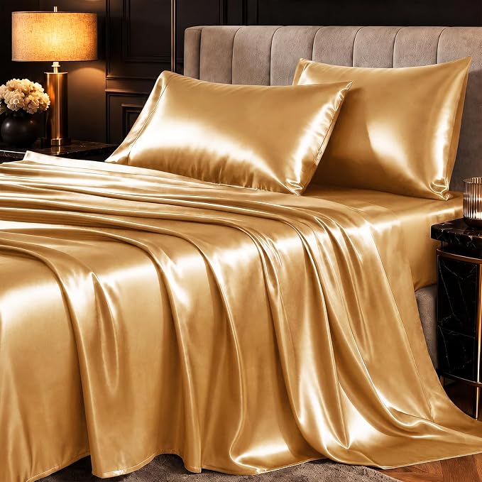 CozyLux Satin Sheets King, 4-Piece 14-Inch Deep Pocket Sheet Set | OEKO-TEX Certified Silky Soft Sheet Set for Hair & Skin, Luxurious Silky-Smooth Satin for Elegant Bedroom Decor, Gold