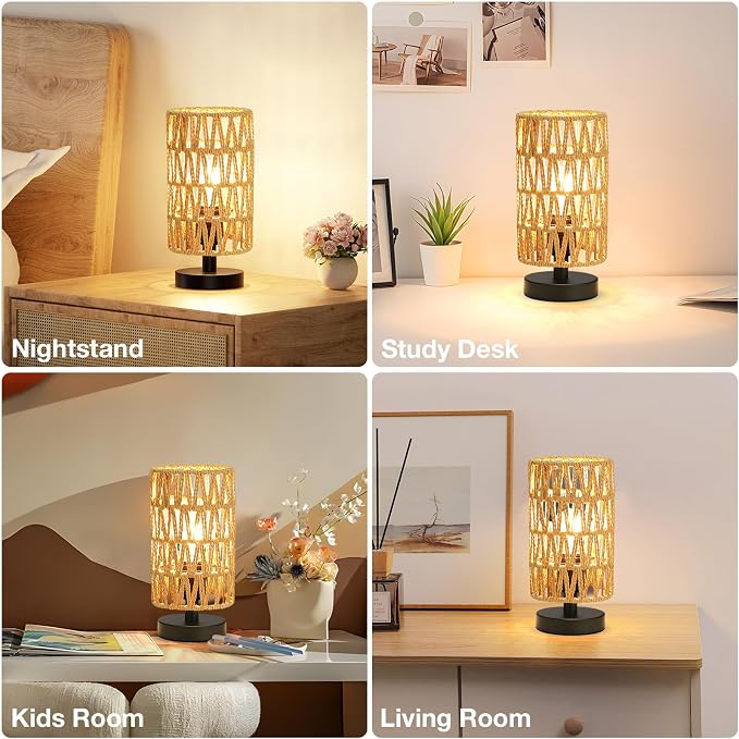 Table Lamps (Rattan Rope Shade - Black Base, 9" Inline Control) | 3000K LED Blub Included | 680 Lumens | Easy Assembly | Minimalist Design | E26 | for Kitchen | for Kids Room