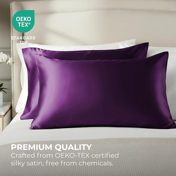 Pure Bedding Satin Pillowcase 2 Pack - Queen Size (20"x30", Purple) - Silky Pillow Cases for Hair and Skin - Satin Pillow Covers with Envelope Closure - Extra Soft Premium Microfiber