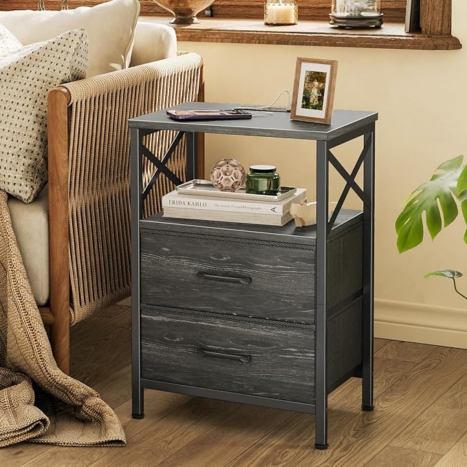 Huuger Nightstand Set of 2 with Charging Station, USB-C Port, End Tables | Night Stand with 2 Drawer Side Table with Open Shelf, Bedside Table for Small Spaces, X Shaped Side Rail, Charcoal Black