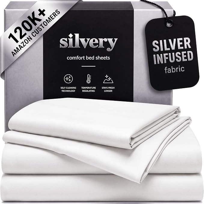 Silvery Silver Infused Bed Sheets Set - Ultra-Soft Temperature-Regulating Fabric with Self-Cleaning Technology™ that Stays Fresh 3X Longer for Hygienic Sleep