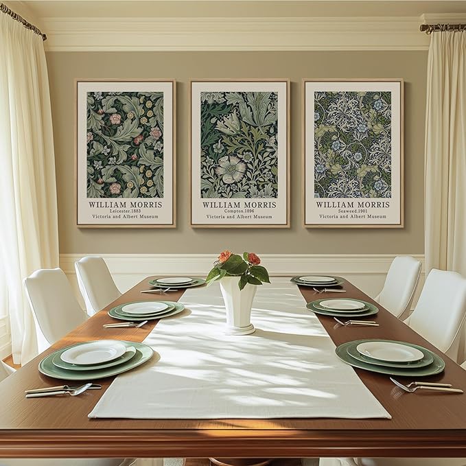 Framed William Morris Green Floral Canvas Wall Art Set of 3, 16x24 In | Fine art, Vintage, Nature, Aesthetic, Easy to hang, Waterproof, Living room/Bedroom/Office/Hallway/Wall decor