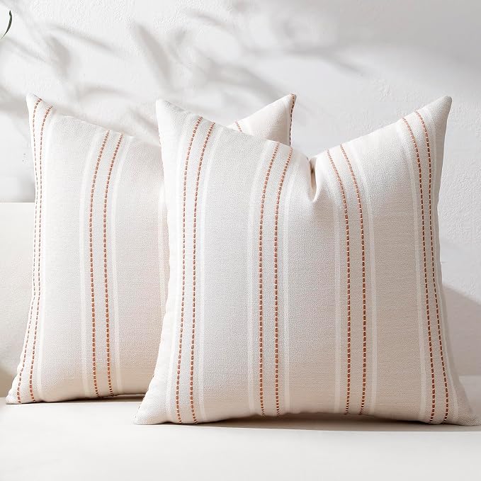 Hckot Terracotta Throw Pillow Covers 18x18 Set of 2 Striped Pillow Covers | Farmhouse Decorative Pillows Textured Linen Square Cushion Covers for Sofa Couch Bed Living Room Decor(Camel)