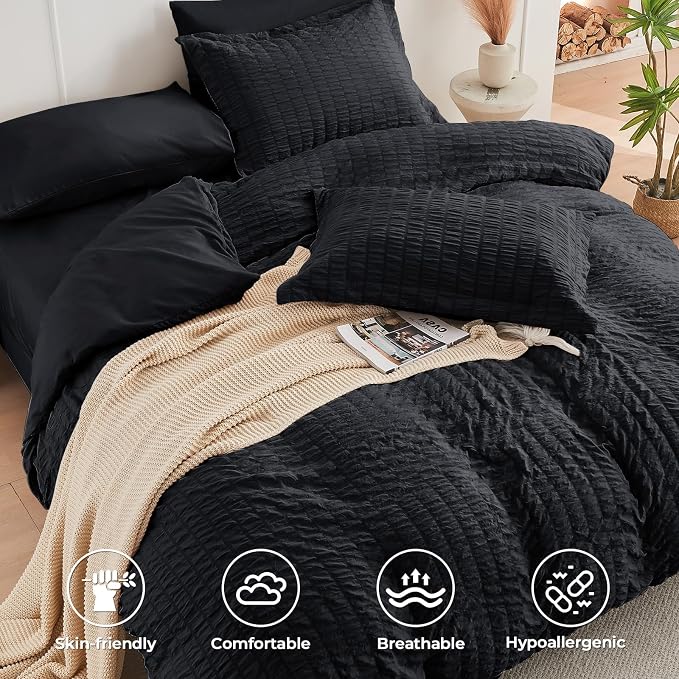 HYMOKEGE Black Queen Comforter Set Seersucker 7 Pieces, All Season Luxury Bed in a Bag for Bedroom, Bedding Set with Comforters, Sheets, Pillowcases & Shams