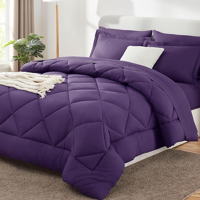 Queen Comforter Set with Sheets Purple - 7 Pieces Bed in a Bag | OEKO-TEX Certified, All Season, 240GSM Down-Alternative Comforter, Sheets, Pillowcases & Shams, 14" Deep Pocket, Easy Care