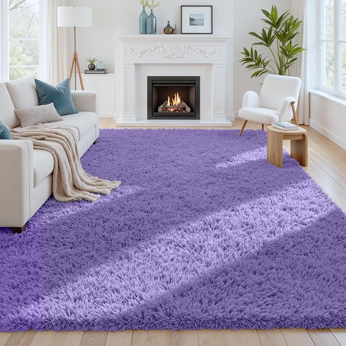 8x10 Fluffy Shag Area Rugs for Living Room Bedroom: Soft Carpet Purple | Upgraded Non-Slip Thick Memory Foam, Ultra Soft, Non-Shedding Fuzzy Carpet, Easy Clean Decor for Kids Room, Nursery, Playroom