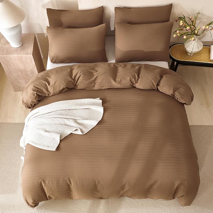 Comforter Set King Dark Brown Striped Luxury Washed Microfiber Jacquard 3 Pieces Bedding, Dark Brown Vertical Ticking Stripes Comforter with 2 Pillowcases Soft Breathable Durable Comfy