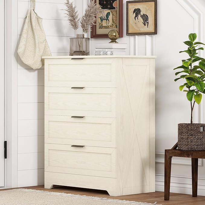 4 Closet Dresser, Farmhouse Dressers & Chests of Drawers, Light Oak | Wooden Storage Cabinet with Large Storage, Tall Dresser and Organizer with Anti-Tip Kit for Office, Living Room, Entryway