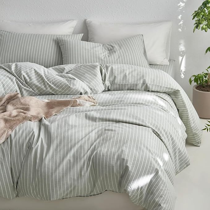 MooMee Striped Duvet Cover Set 100% Washed Cotton Linen Like | Relaxed Linen-like Texture. Soft, Breathable & Long-lasting Comfort. Lightweight. Hidden Zipper with 8 Interior Corner Ties