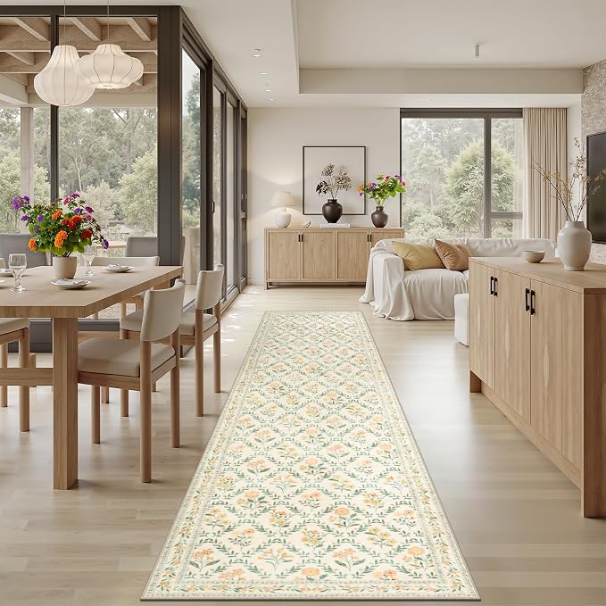 PLHXFR 2.6x10 Washable Runner Rug：Floral Indoor Kitchen Carpet Beige Multi | For Hallway Bedroom Kitchen Laundry Bathroom Dorm,Vintage Floral,Machine washable,Non Slip,Stain Resistant,Indoor Floor