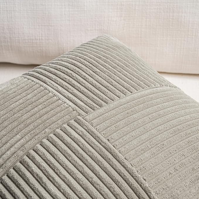 Fancy Homi Set of 2 Neutral Grey Boho Long Lumbar Body Decorative Throw Pillow Cover 14x36 Inch for Bed Couch Bedroom Bench, Soft Patchwork Corduroy Textured Pillow Case, Rustic Farmhouse Room Décor