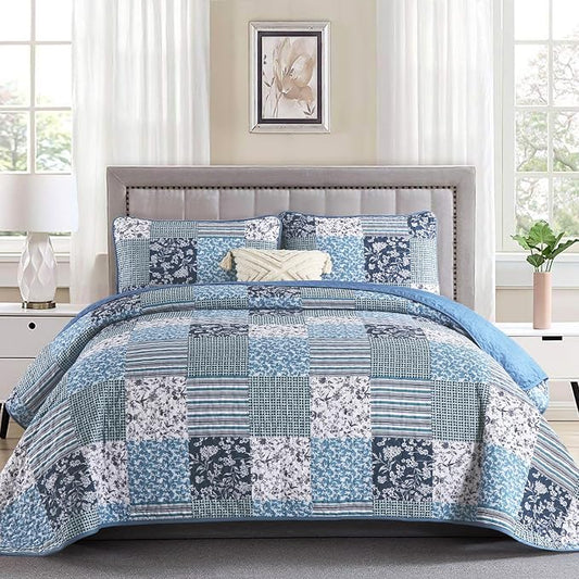 Mybedsoul Navy Blue Quilts Set Queen Size, Patchwork Floral Bedding Set | Soft Lightweight Microfiber Reversible Coverlet Set, 3 Pieces Plaid Bedspread, Bed Sets for All Seasons 96"x90"