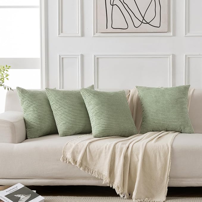 Volcanics Set of 4 Sage Green Corduroy Couch Throw Pillow Covers 18x18 in | Decorative Western Modern Farmhouse Striped Cushion Cases, Soft Boho Square Accent Pillow Covers for Home Sofa