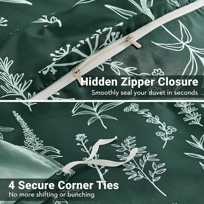 MUXHOMO Duvet Cover Queen Size, Reversible Floral Forest Green Duvet Cover Set with Zipper Closure, 3 Pieces Botanical Patterns Soft Microfiber Bedding Set with 4 Ties (90"x90", 2 Pillow Cases)