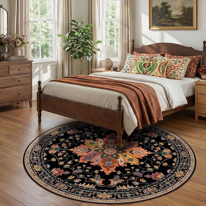 RELEANY Washable Area Rug, Round 7ft, Black/Colorful | Non-Slip, Water Repellent, Pet Friendly, Easy to Clean, Vintage Floral Boho Decor for Living Room Bedroom Dining Room