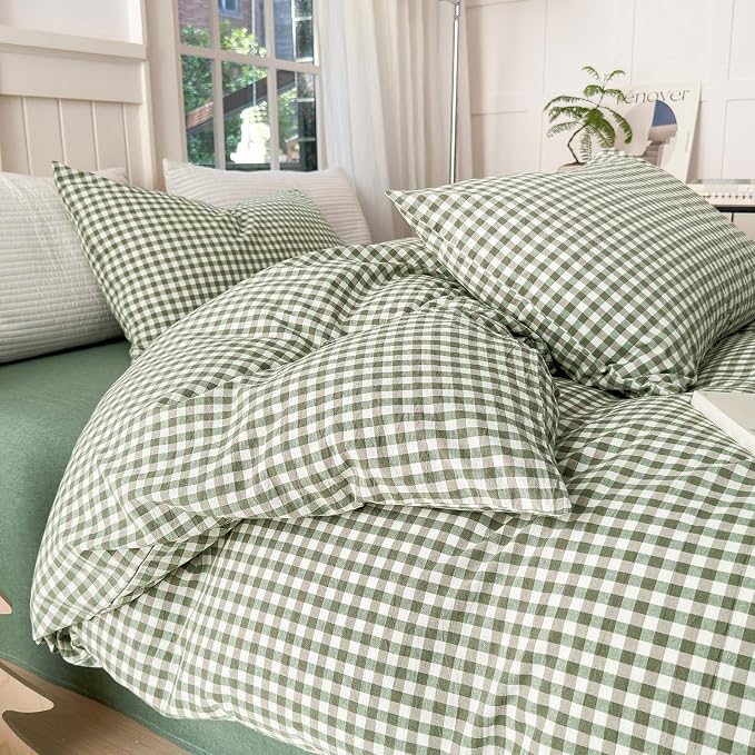 LifeTB Green Gingham Comforter Set Full Size Boho Plaid Checkered Pattern Comforter Geometric Grid Plaid Printed Bedding Comforter Set with 2 Pillowcases Fluffy Soft Gingham Bedding Set Full Size